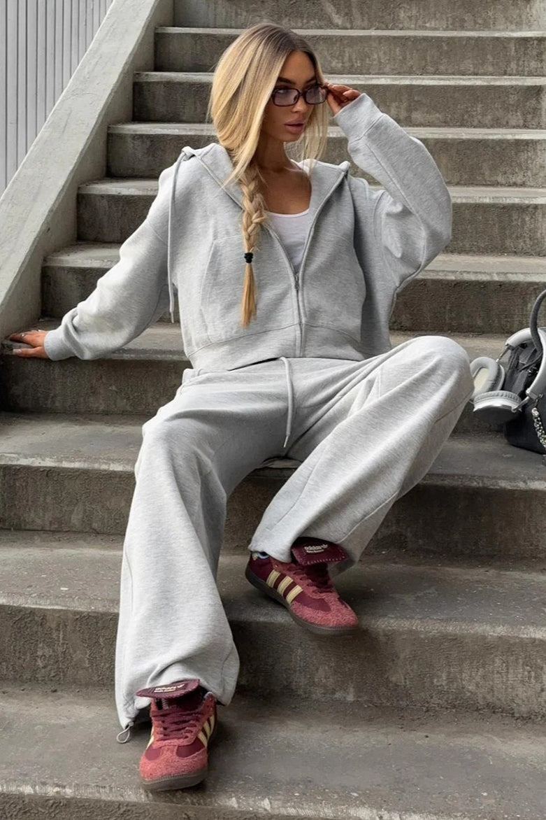 Zipper Hoodie Long Sleeve Wide Leg Pants Two Piece Set