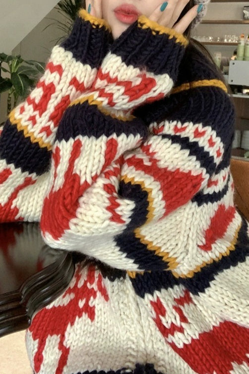 Suéter holgado de rayas con ciervo tejido