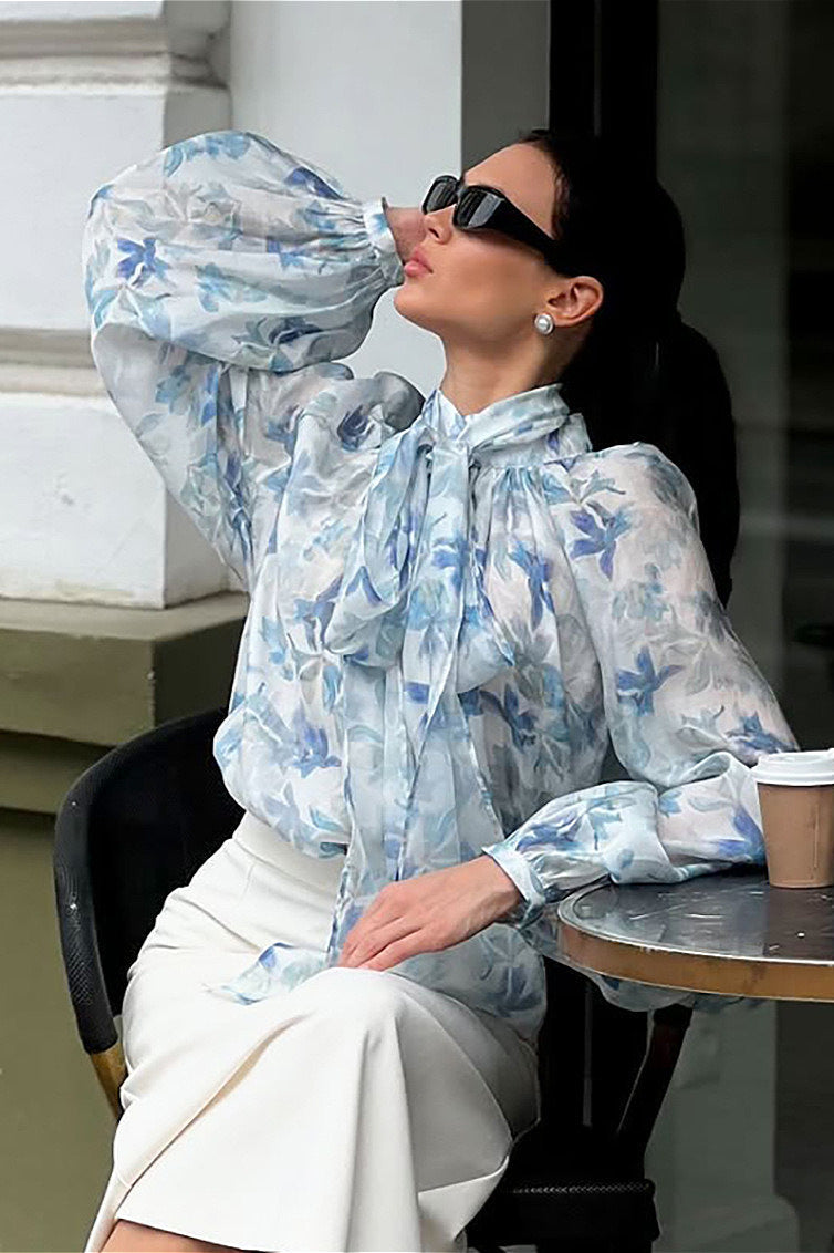 Elegant Tie Lantern Sleeve Floral Blouse