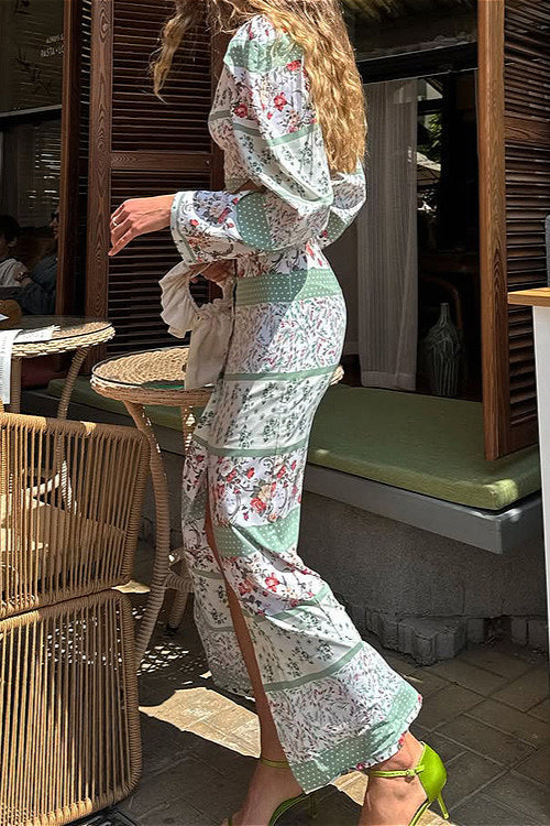 Printed Long Sleeve Crew Neck Cropped Top Split Bodycon Skirt Two Piece Set