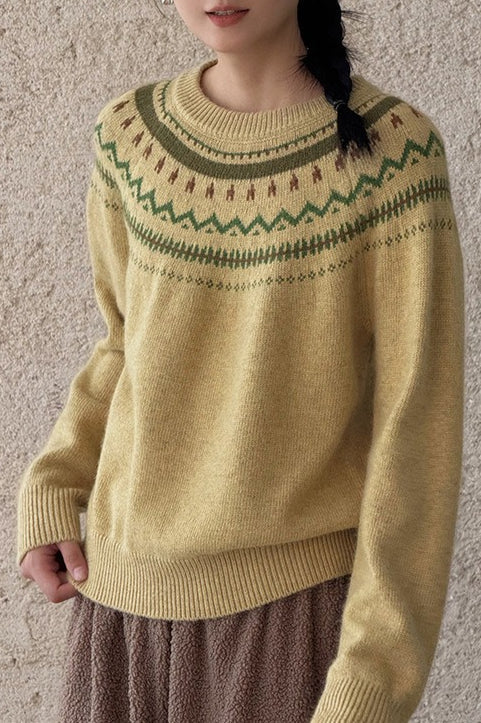 Pullover mit Fair-Isle-Muster, locker geschnitten, Rundhalsausschnitt, Farbblock, schlicht