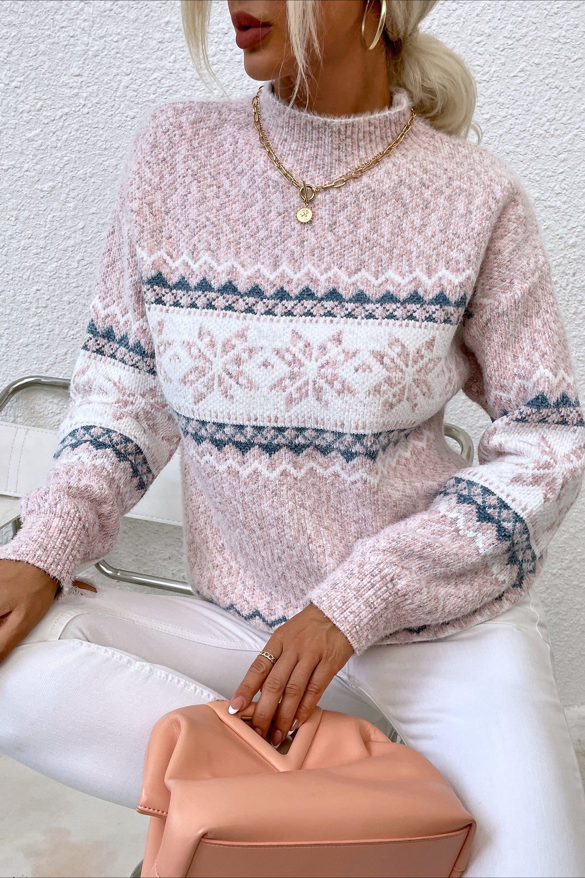 Knit Half-High Neck Snowflake Pullover Sweater