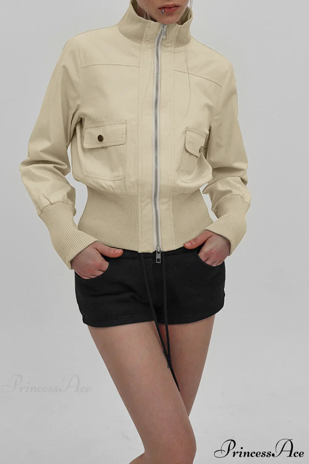 Cargo Zip Pocket Stand Collar Waist Casual Jacket