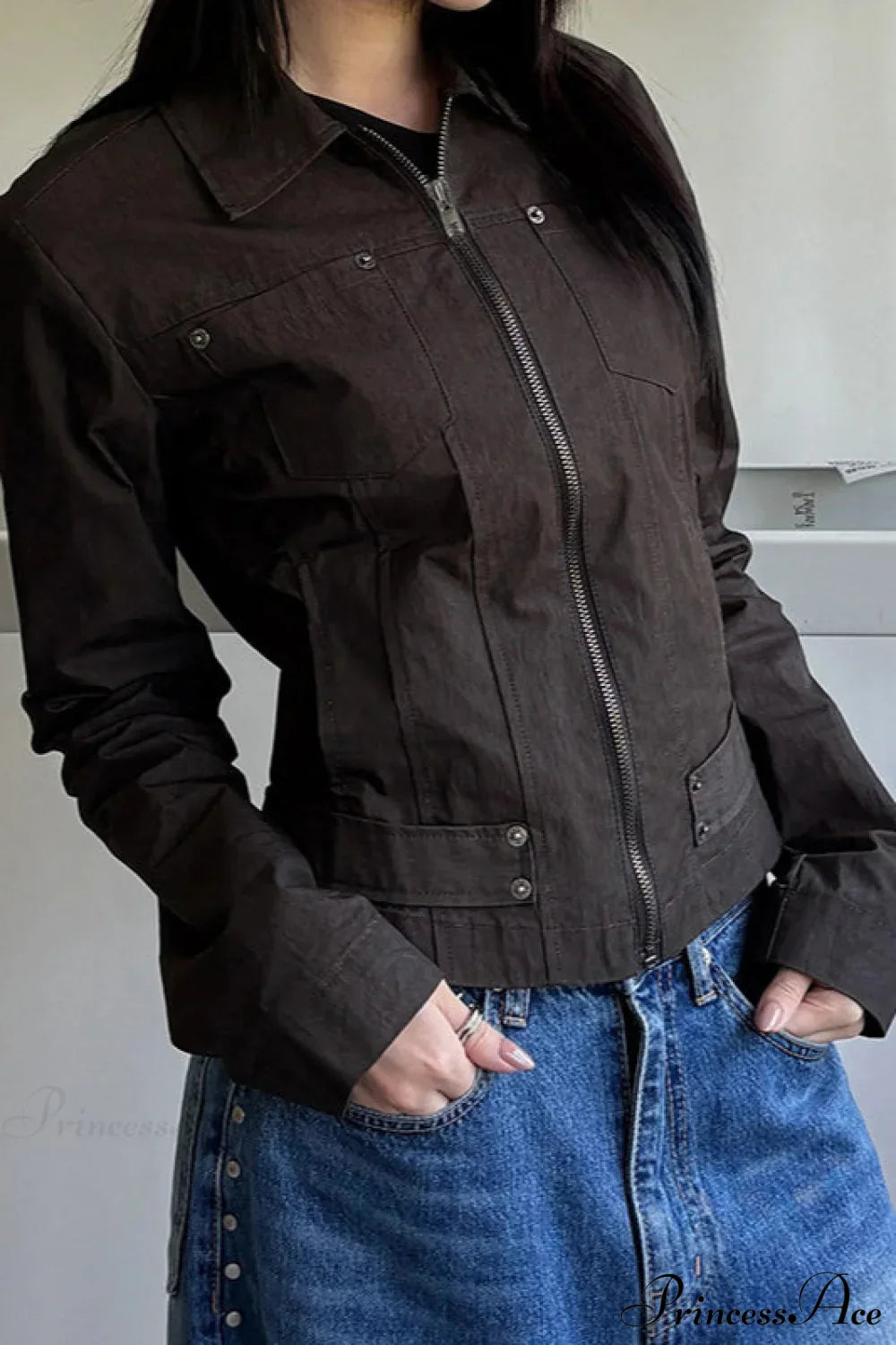 Casual Cargo Solid Lapel Zip Jacket