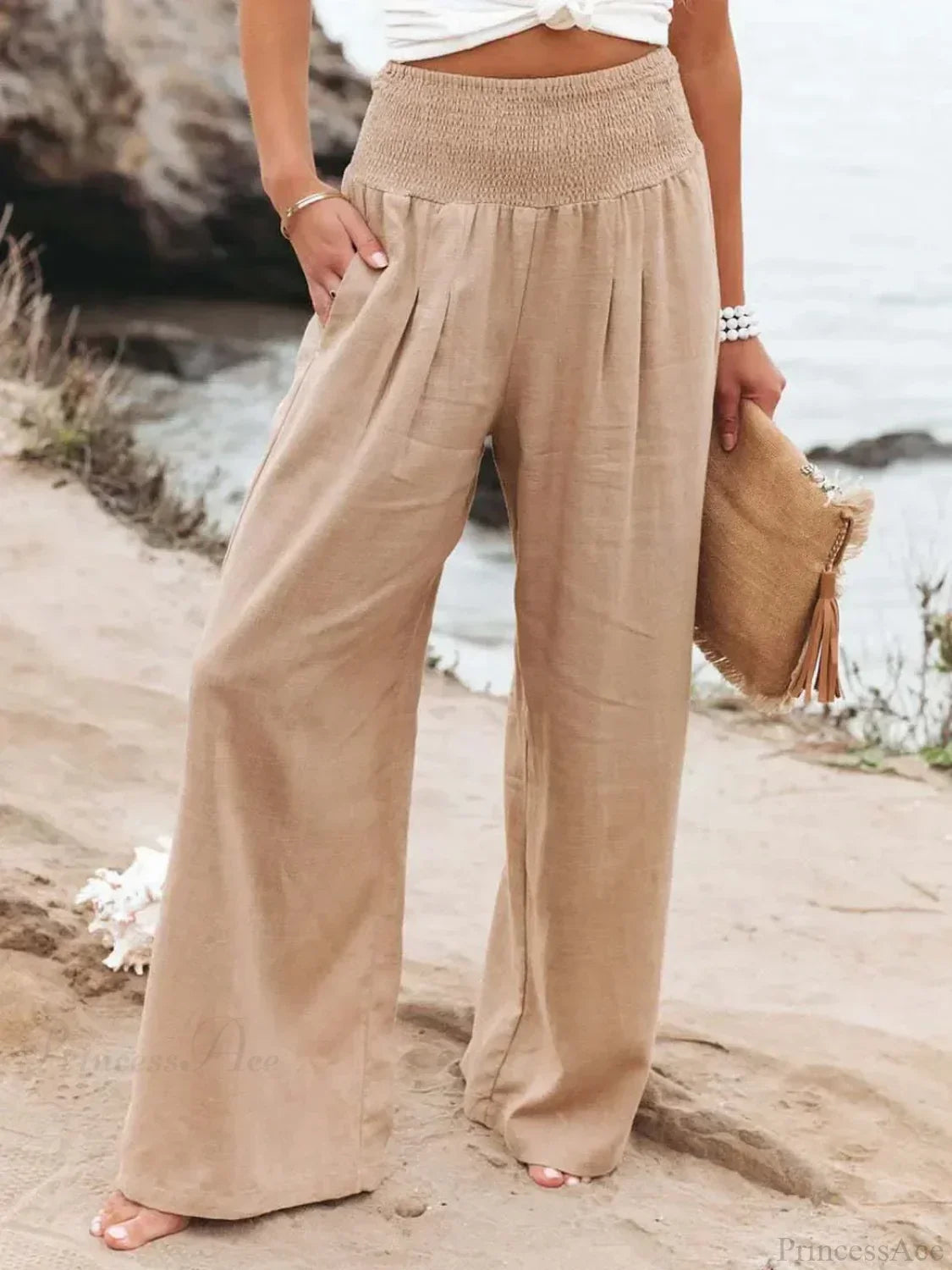 Casual Elastic Waist Linen Wide Pants