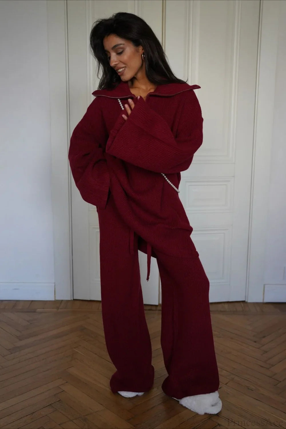 casual Solid Angora Red Half-Zip Knit Two Piece Set