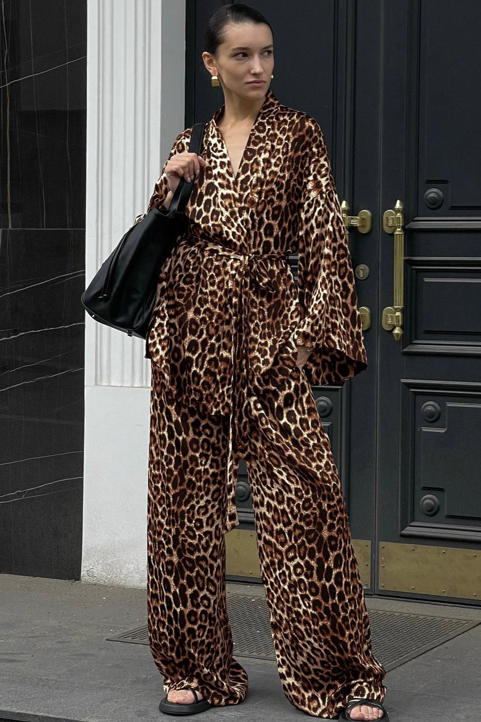 Chic Printed Long-Sleeve Shirt Belted Wide-Leg Pants Two Piece Set