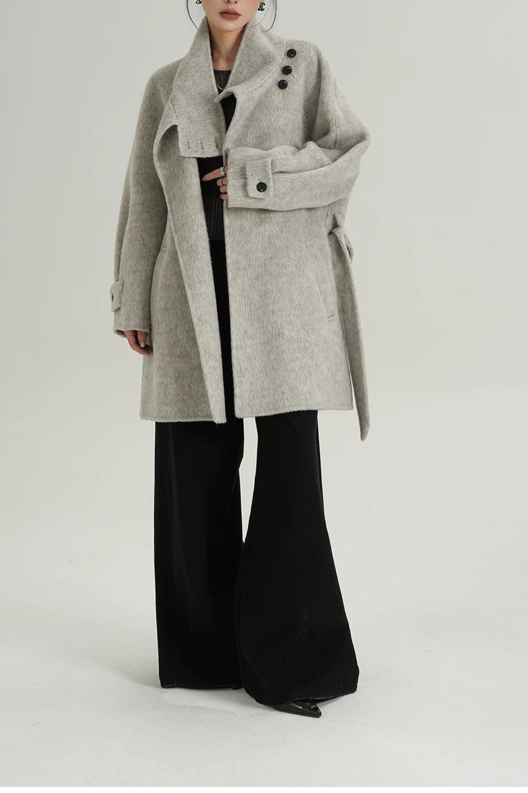 Abrigo suelto de lana sólida cálido con cuello alto simulado elegante