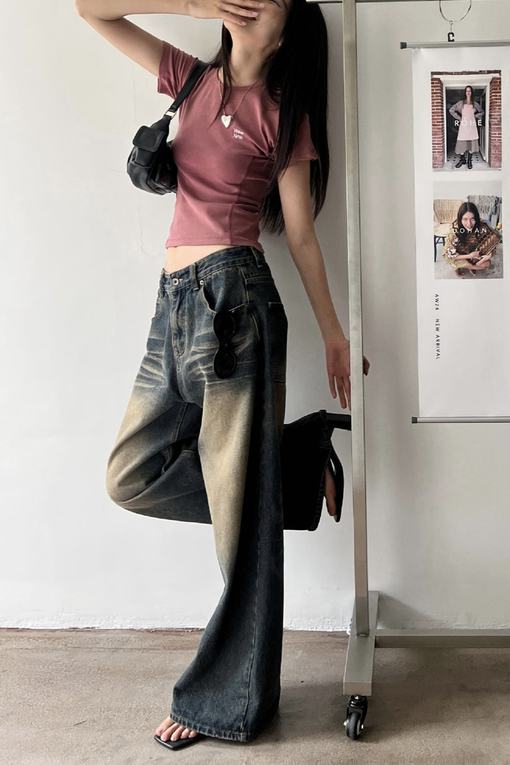 Vintage Washed Whisker Wide Leg Denim Jeans