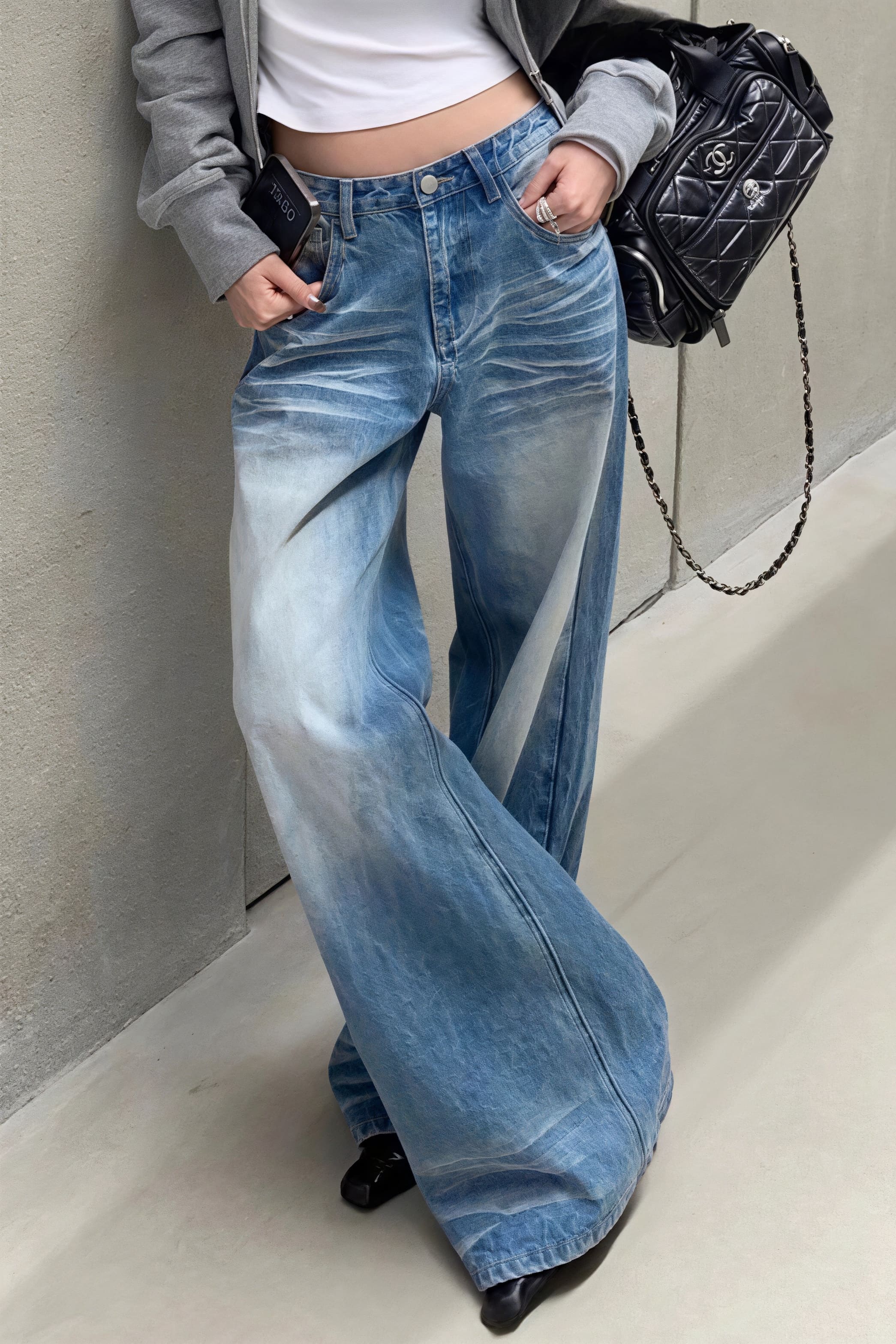 Creased Washed Floor-Length Straight Leg Jeans