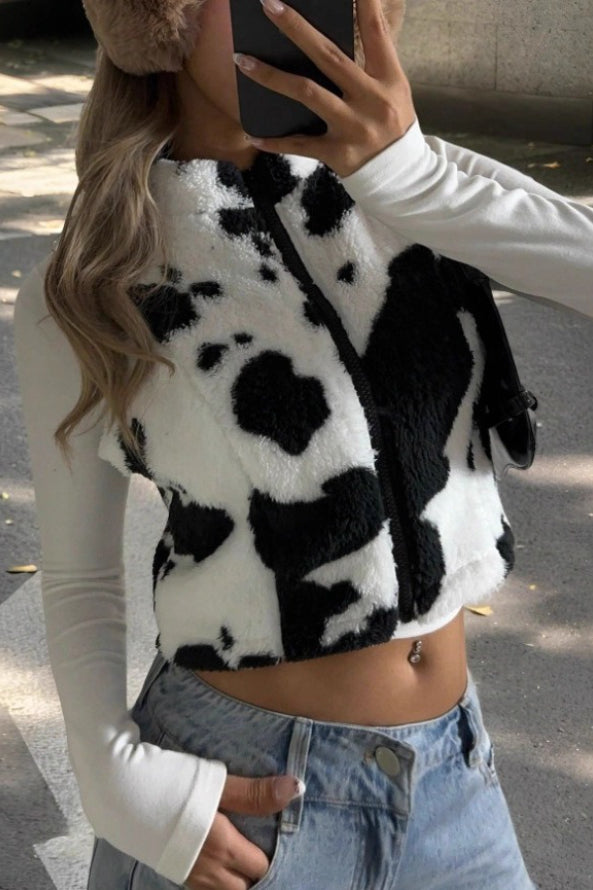 Kuhflecken Reißverschluss Flauschige Ärmellose Weste