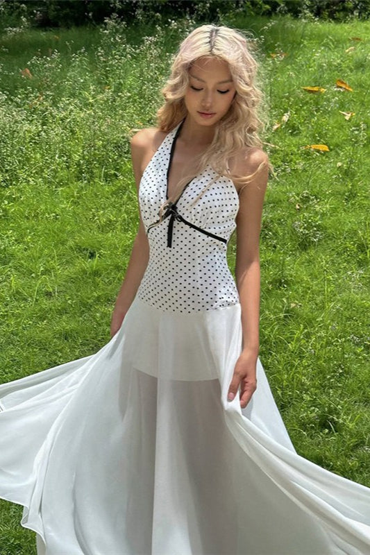 Robe longue nouée dos nu à pois et imprimé floral