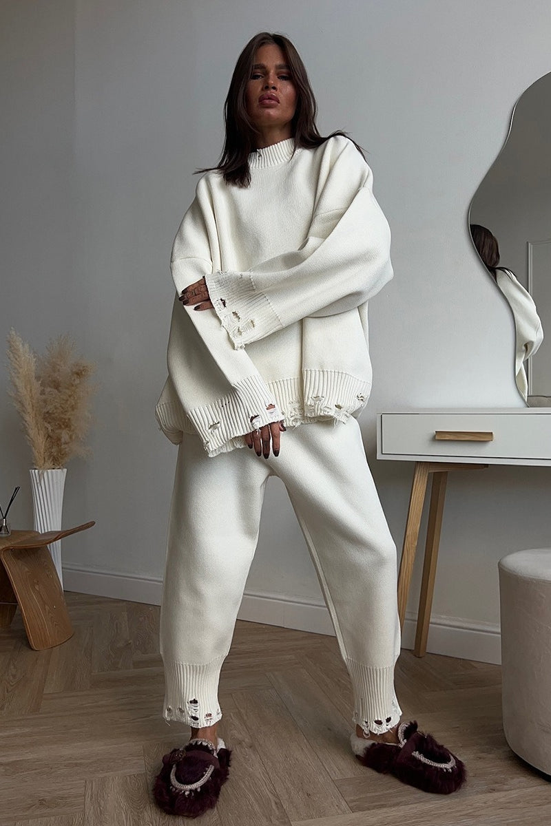 Solider grob gestrickter Pullover mit Rundhalsausschnitt, zweiteiliges Set