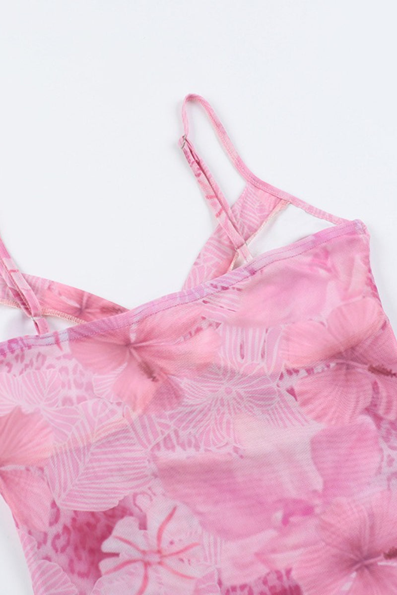 Floral Trim Chiffon Waist Cinched Padded Cami Top