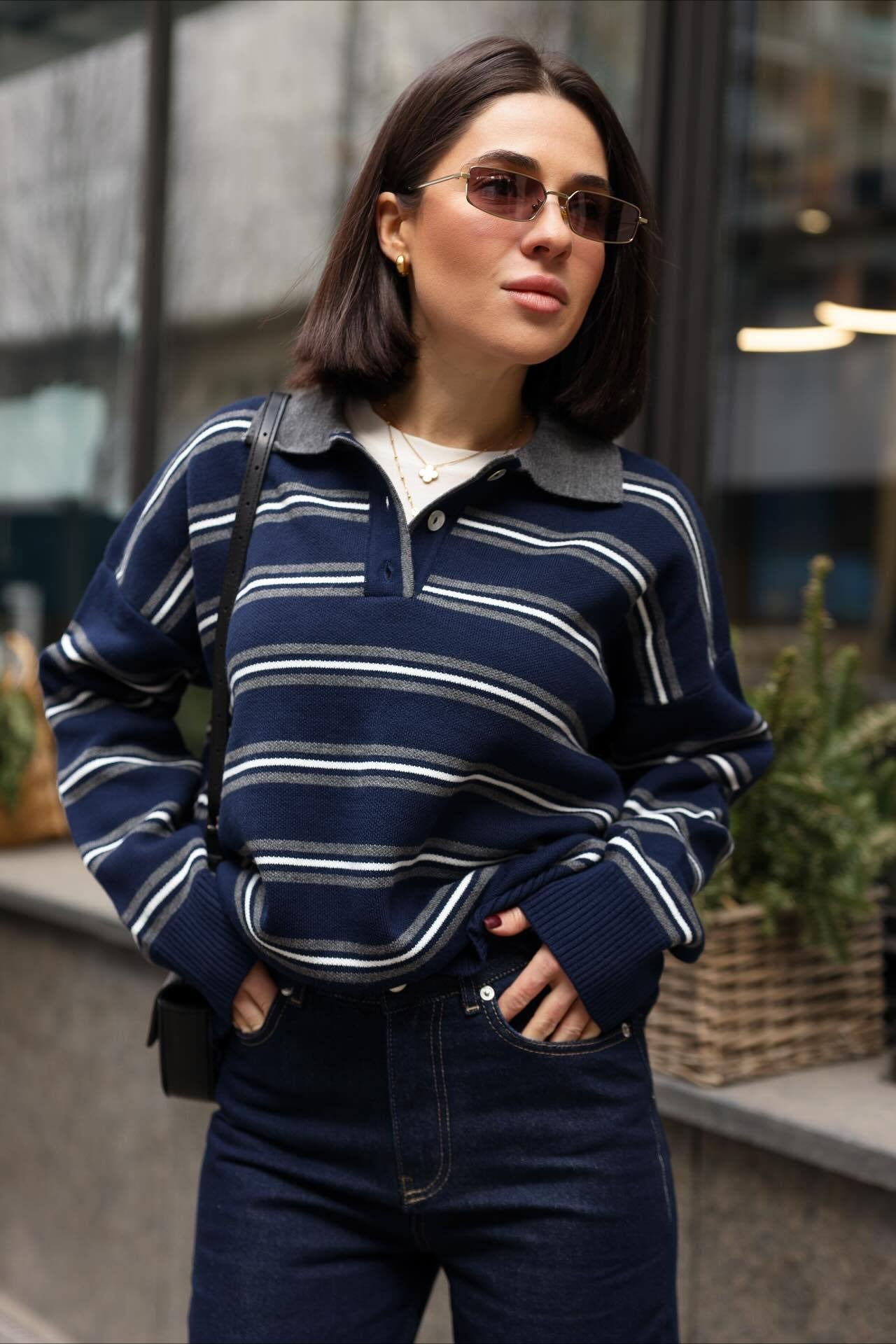 Striped Knit Pullover Collared Loose Sweater