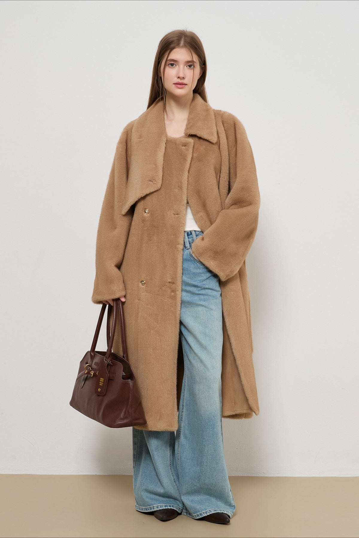 Luxuriöser Kunstpelz Tweed langer eleganter Damenmantel