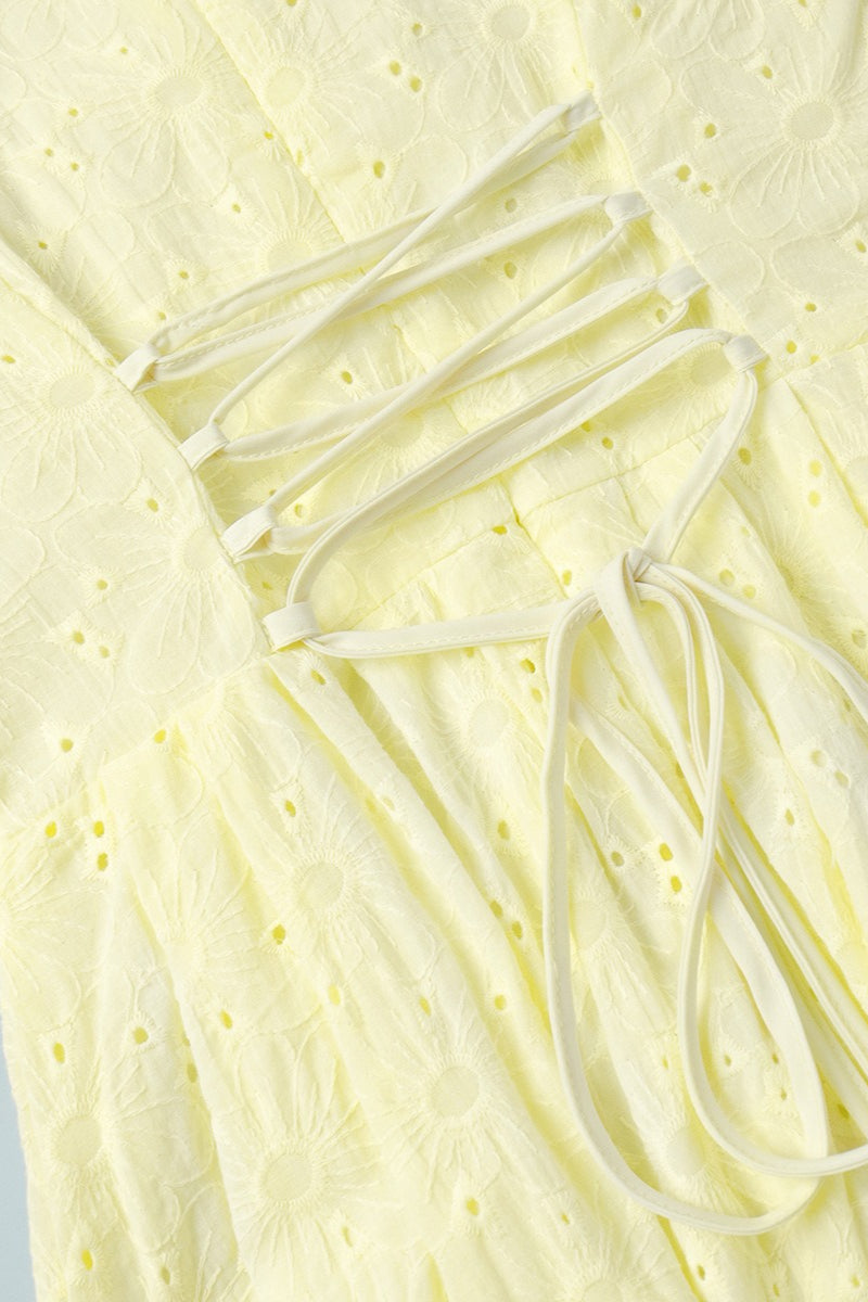 Cotton Yellow Embroidered Tie Waist Mini Dress