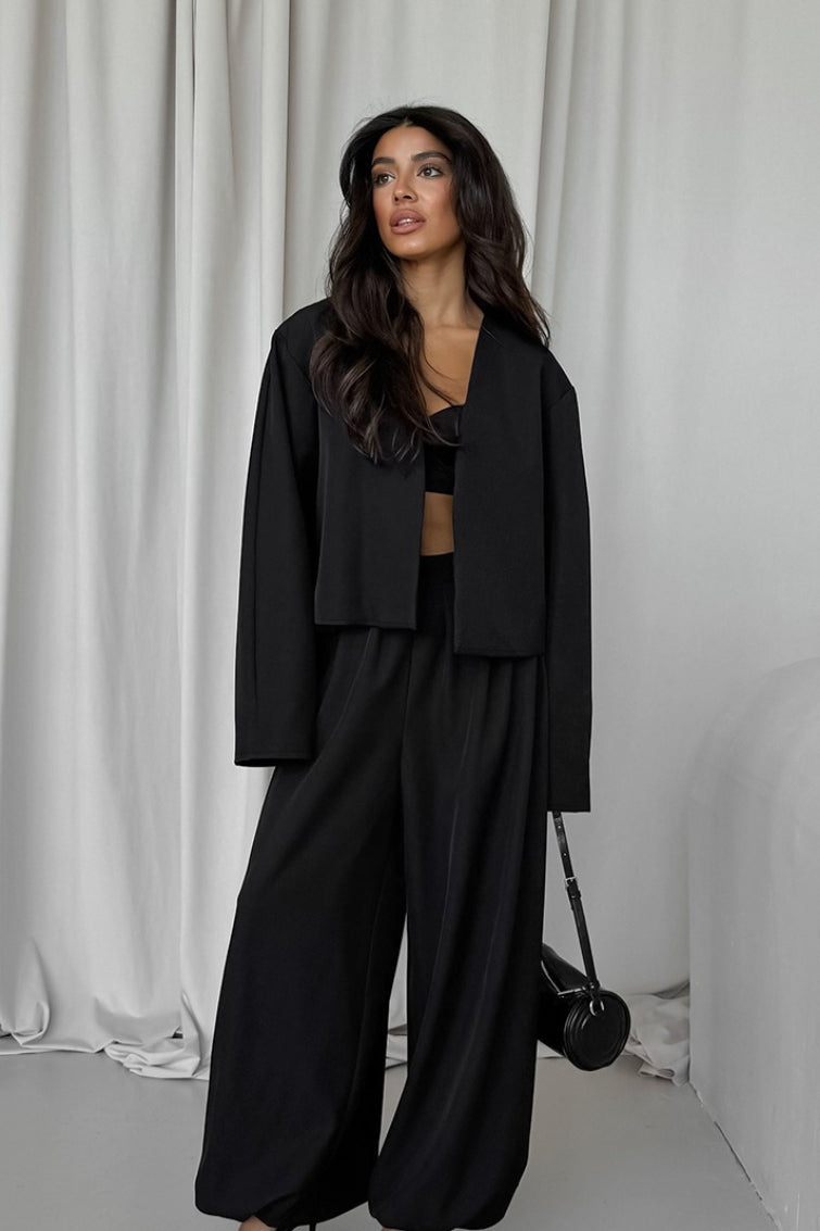 Solid V-neck Cardigan Tapered Two Piece Set