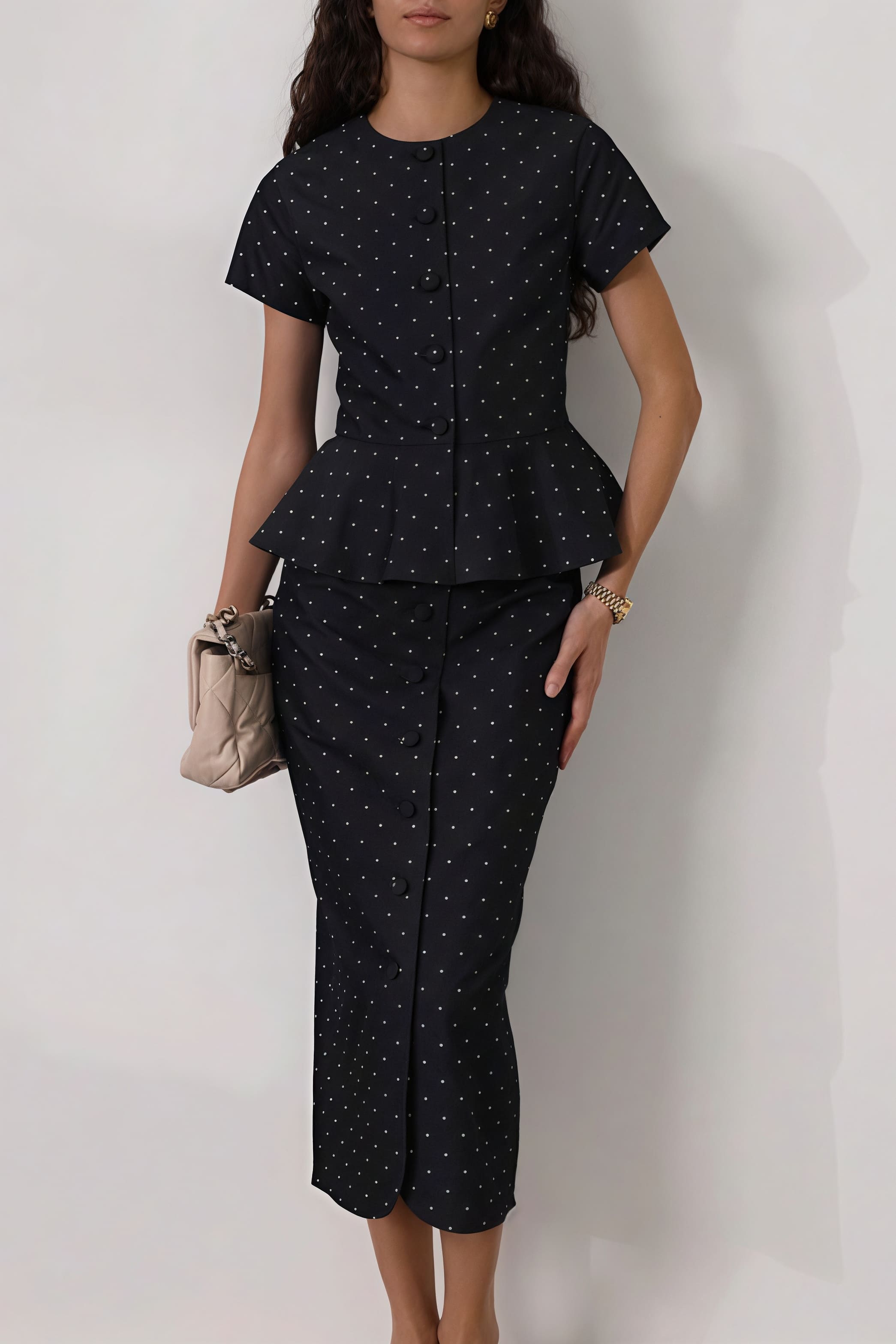 Polka Dot Print Short Sleeve Bodycon Skirt Set