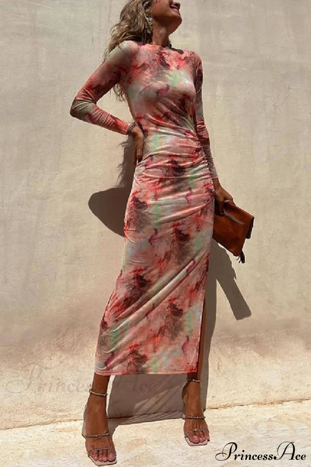 Charmante Damenkleid mit Netzüberzug, Batikmuster, modernem Druck, langärmlig, gerafftes, dehnbares Midikleid