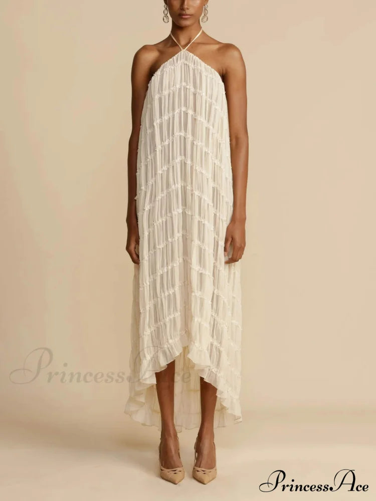 Charmantes plissiertes Kleid mit Kordelzug in der Taille, anmutigem Stufendesign und Neckholder, mittellang