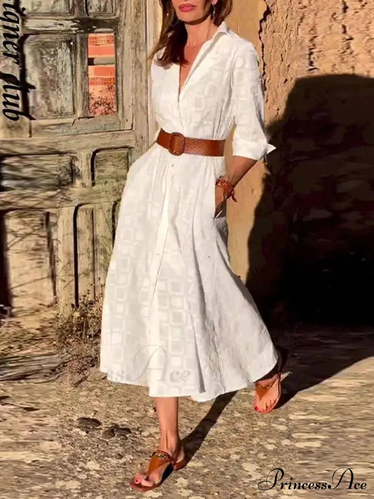 Kleid mit Knopfleiste, Gürtel, eleganter Tasche, langem Ärmel und mittlerer Länge