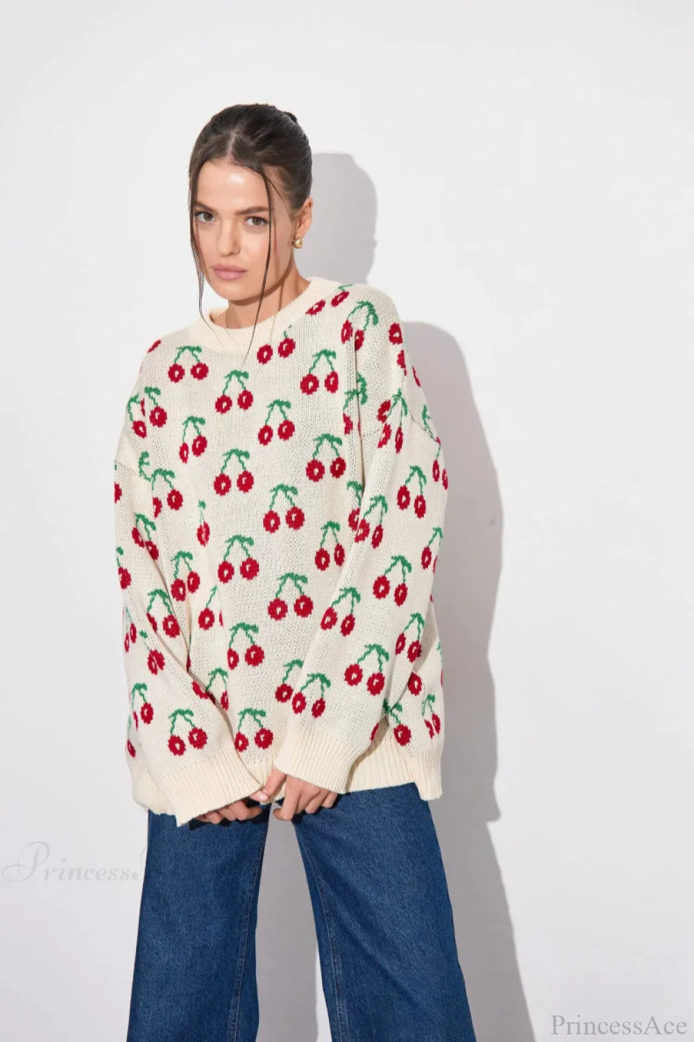 Cherry Crew Neck Mid Length Knit Sweater