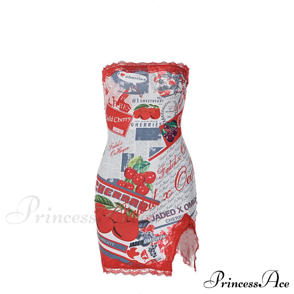Vestido Mini com Estampa de Cereja e Costas Nuas Elegante
