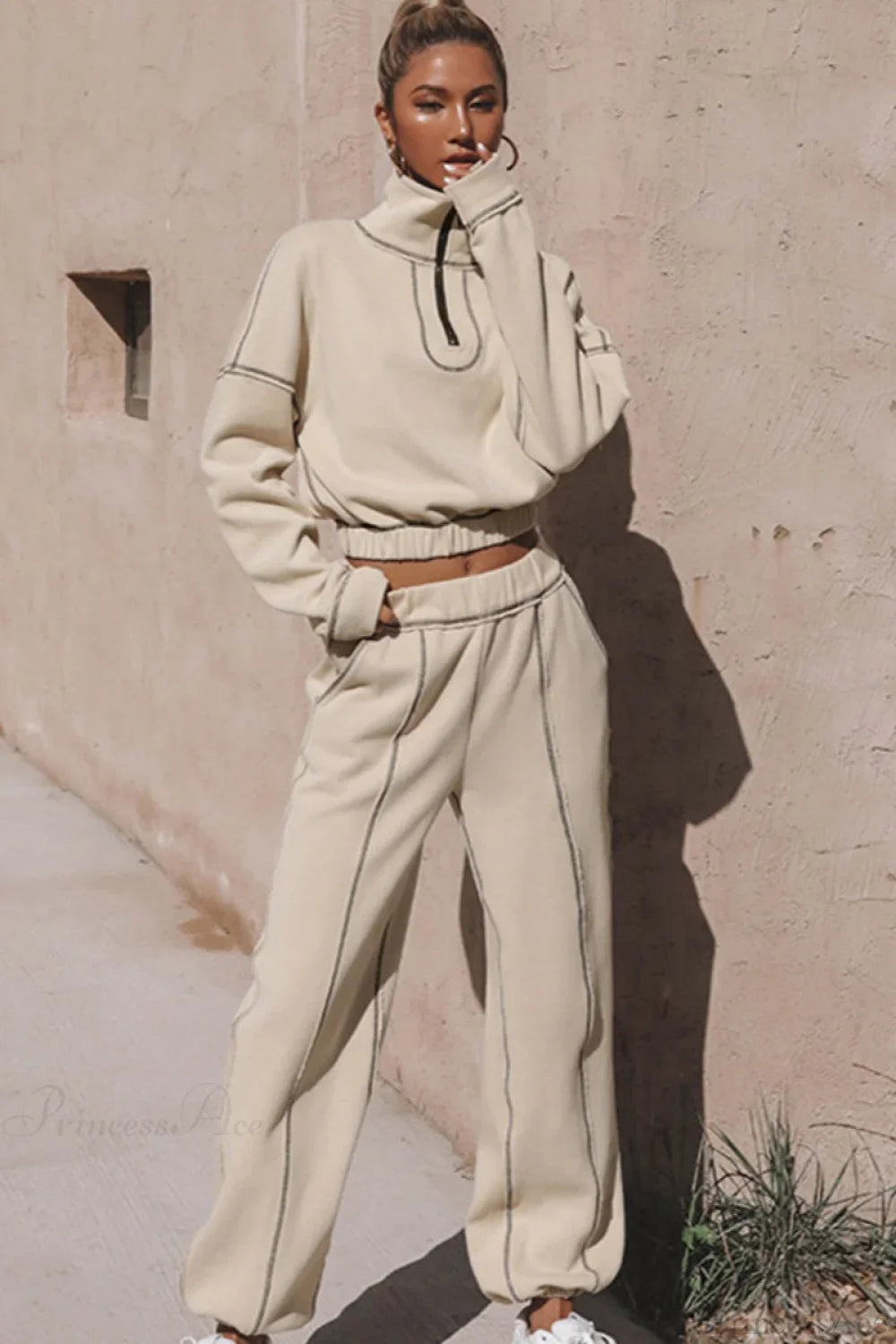 Chic Athleisure Stand Collar Sweatshirt Elastic Jogger Two Piece Set