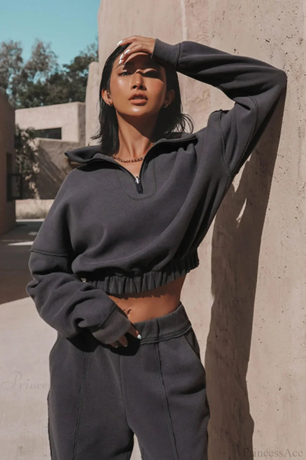 Chic Athleisure Stand Collar Sweatshirt Elastic Jogger Two Piece Set