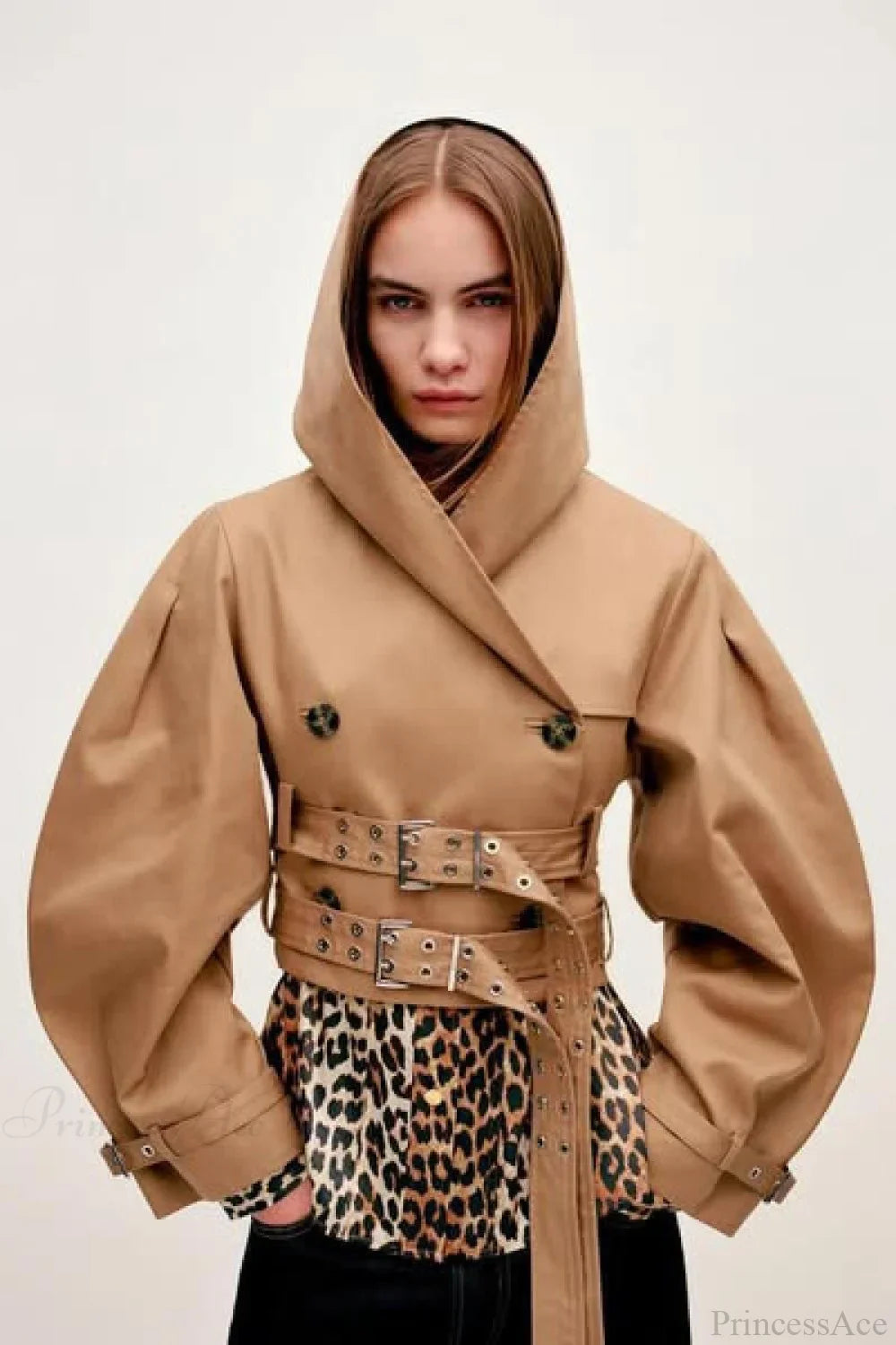 Chic Hooded Double Belted Cropped Coat