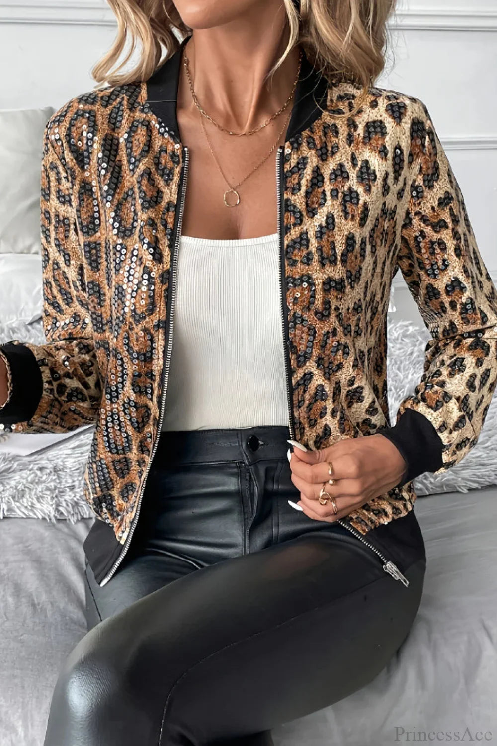Chic Sequin Leopard Print Baseball Short Jacket
