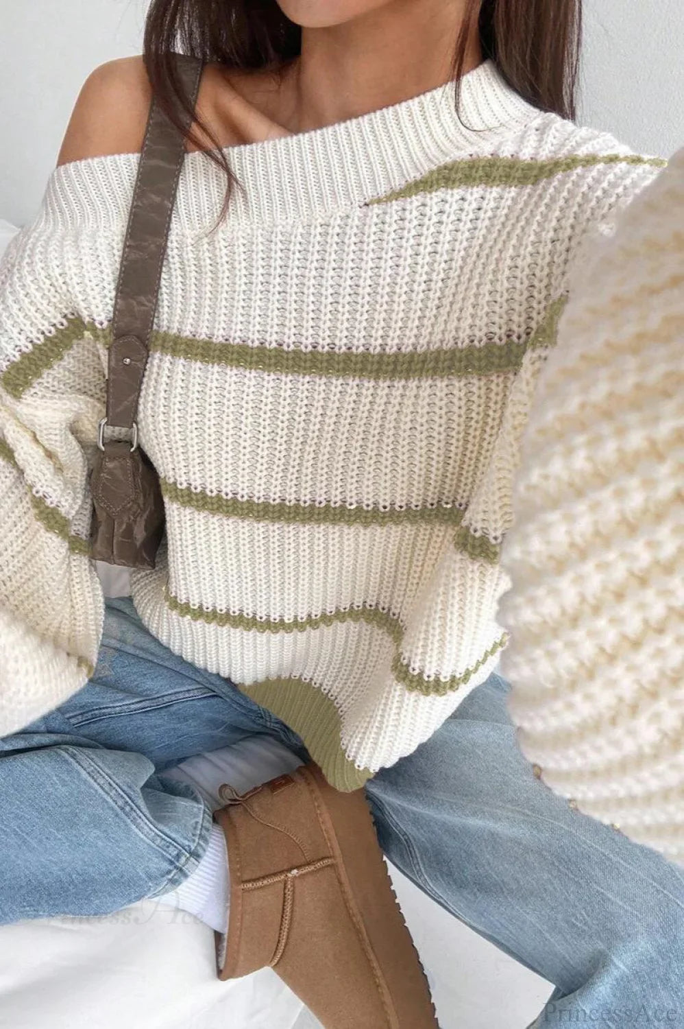 Chic Striped Off Shoulder Lantern Sleeve Knit Sweater