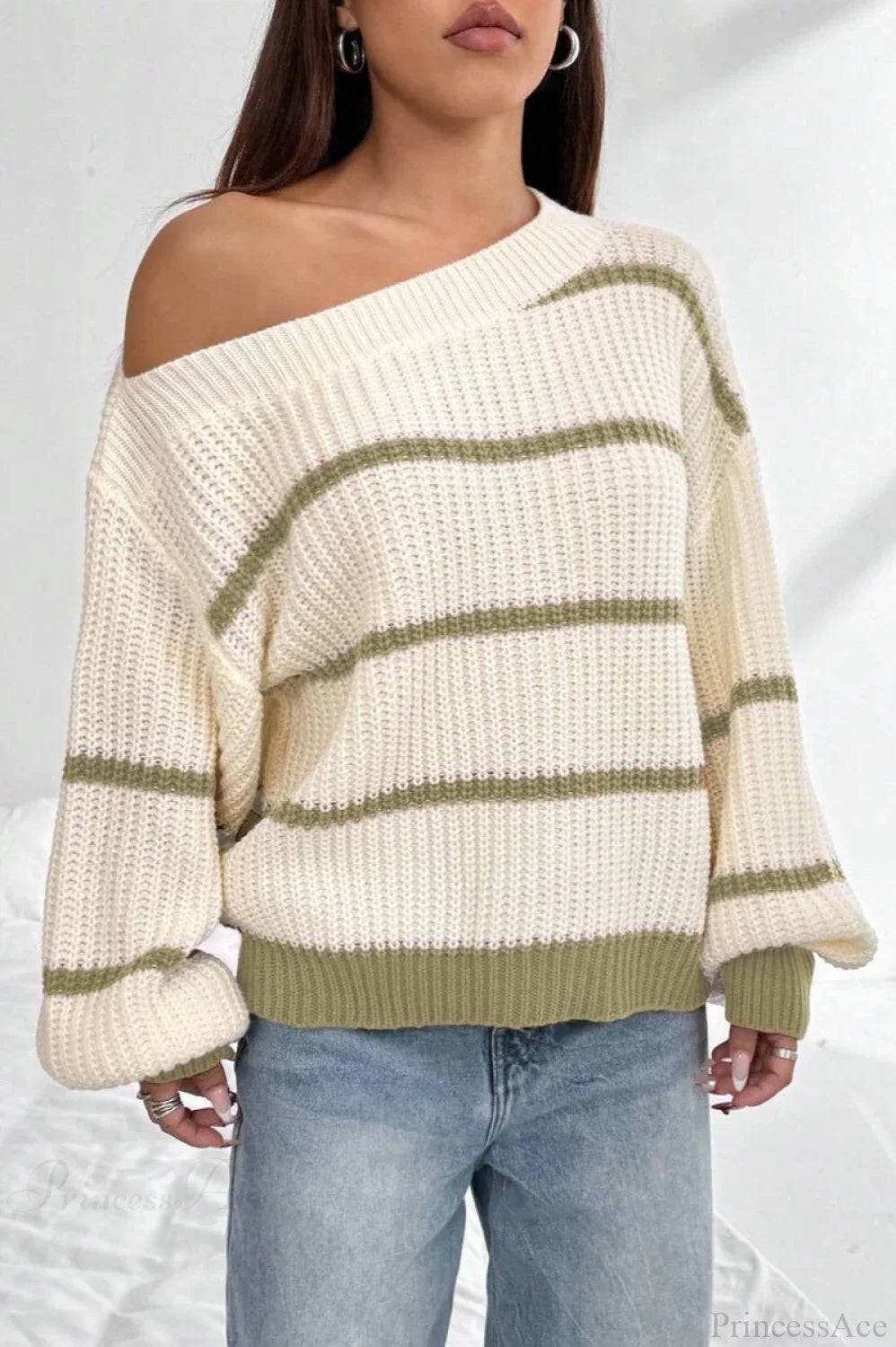 Chic Striped Off Shoulder Lantern Sleeve Knit Sweater