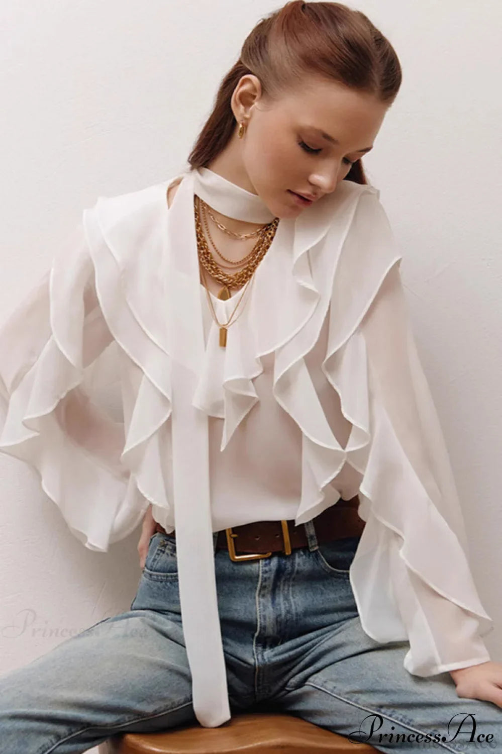 Chiffon Ruffled Long Sleeve V Neck Blouse