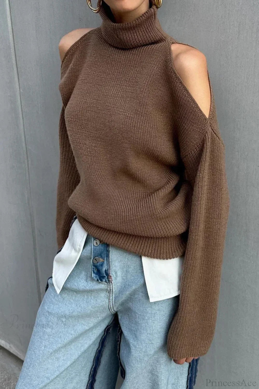 Cold Shoulder Turtleneck Loose Drape Knit Sweater