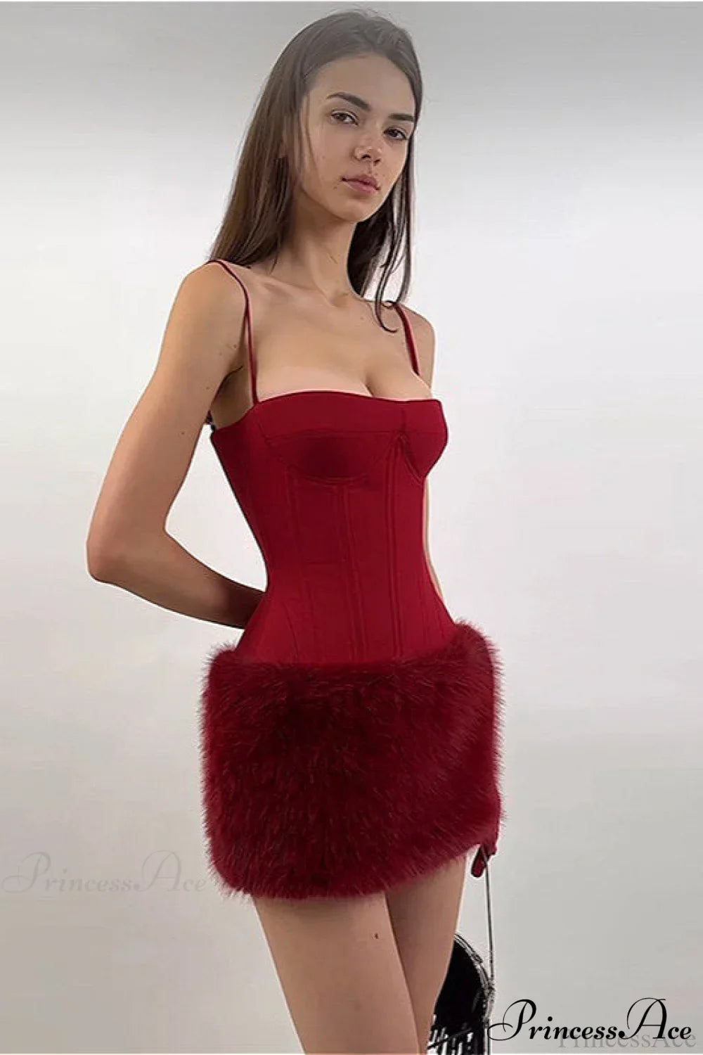 Color Block Faux Fur Spaghetti Strap Corset Party Dress