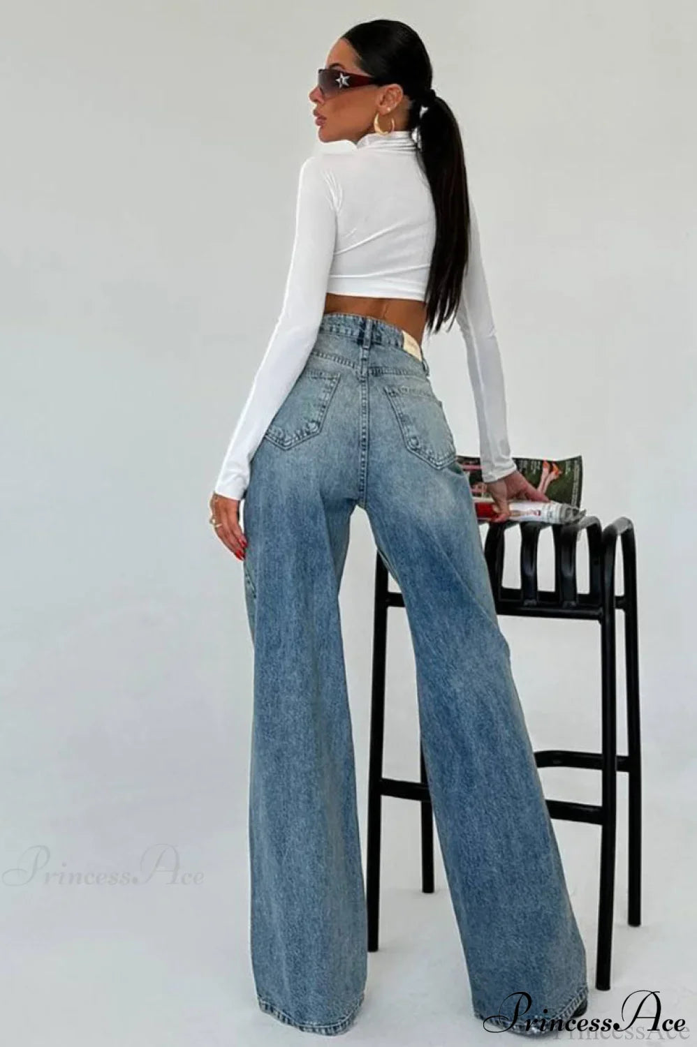 Color Block High Waist Slim Fit Straight Wide Leg Jeans