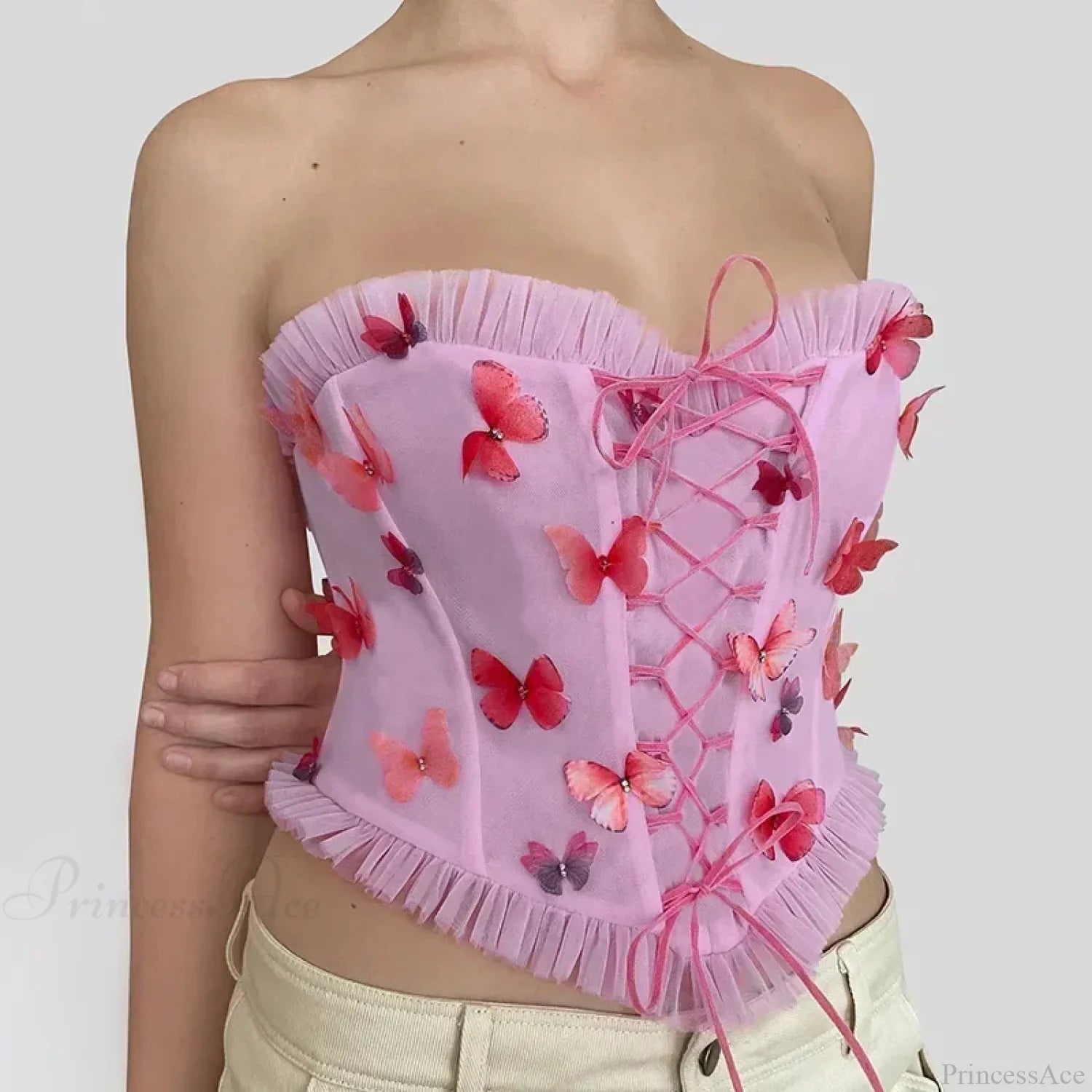 Buntes Schmetterlings-Applikationen Netzstufen-Bauchfreies Oberteil