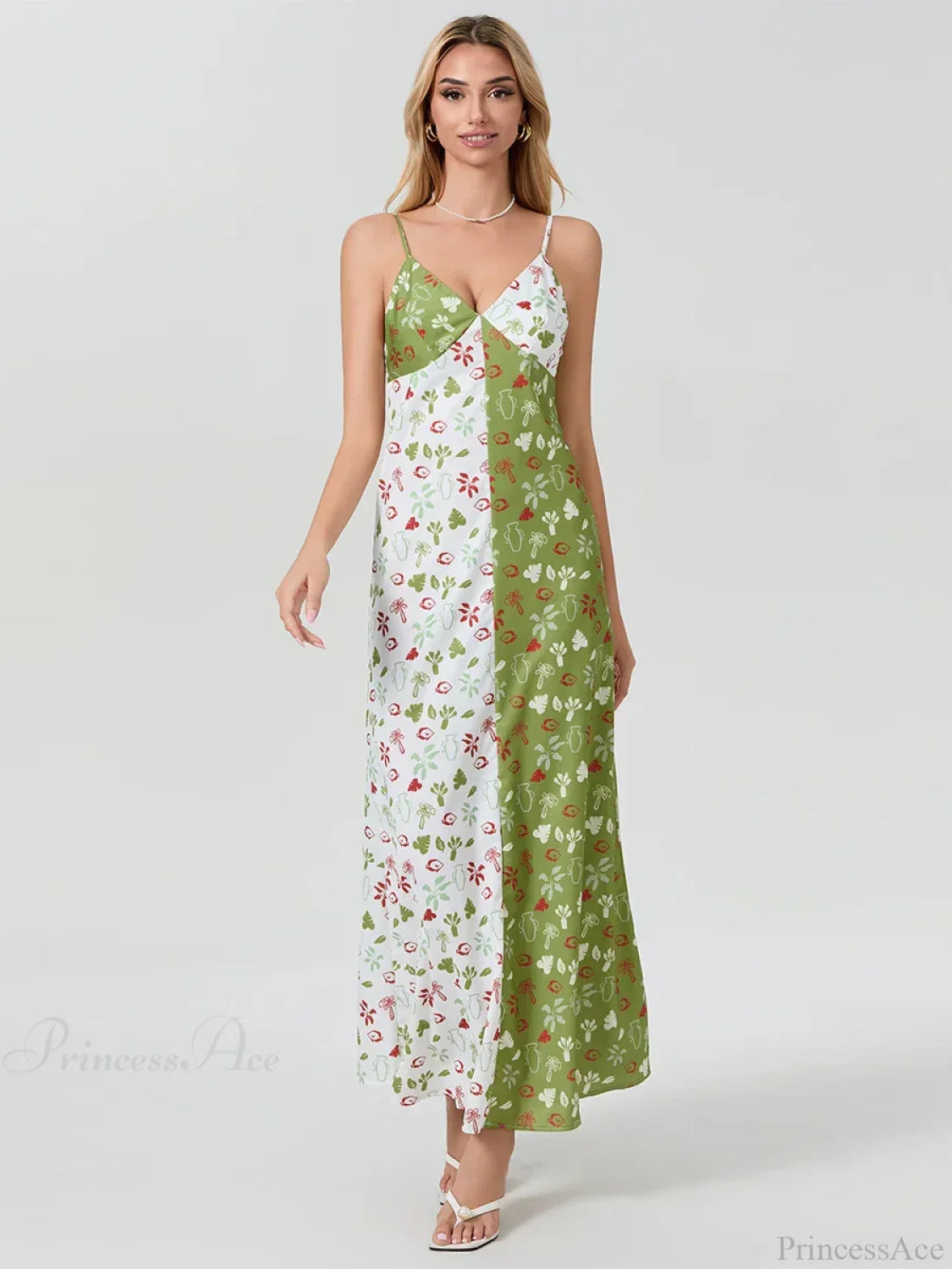 Vestido floral con tirantes finos, escote en V y contraste de colores