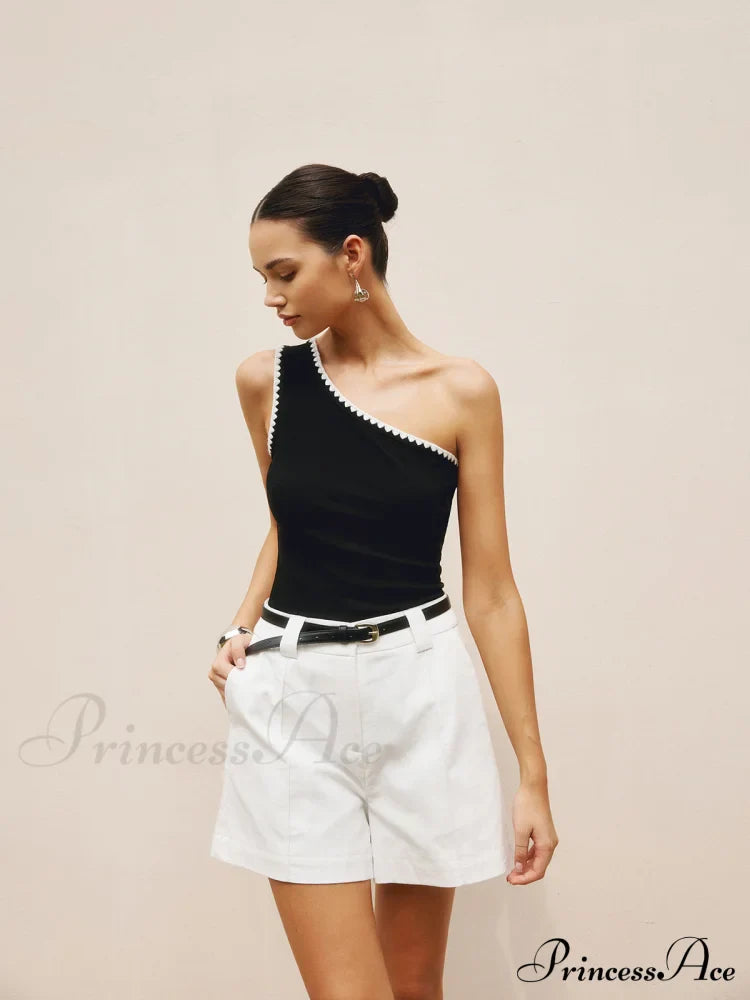 Contrast Trim One Trendy Shoulder Off Tank Top