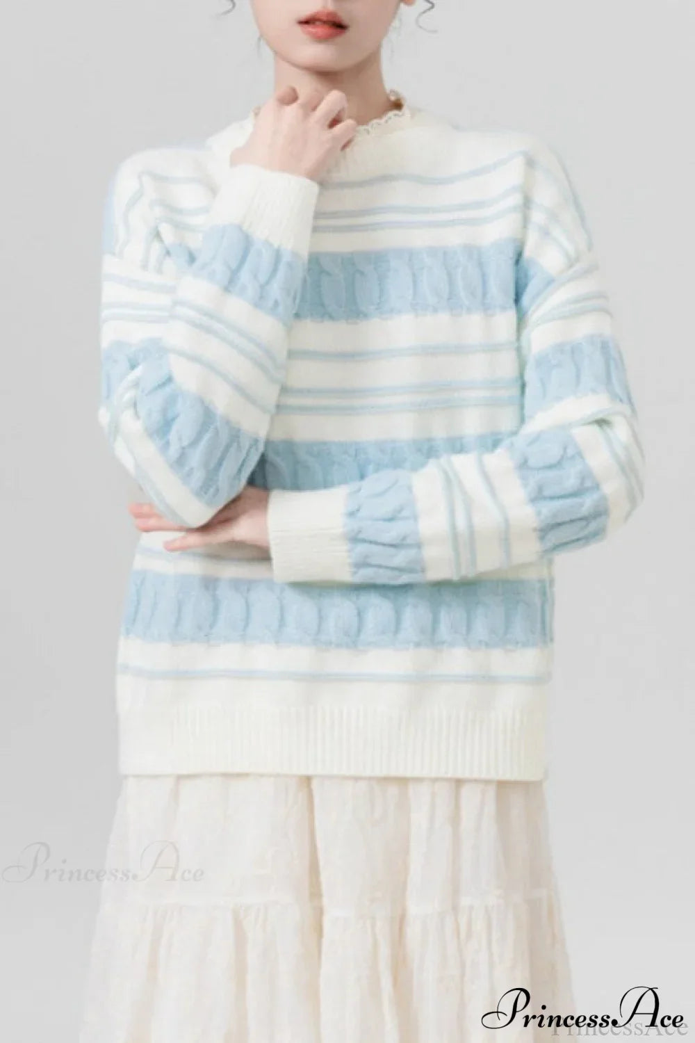Creamy Stripe Cable-Knit Loose Sweater