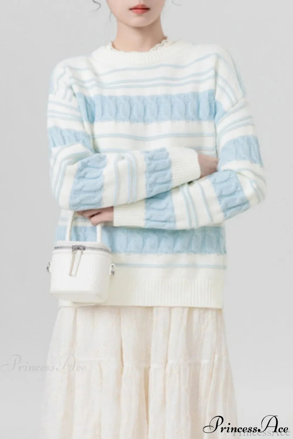 Creamy Stripe Cable-Knit Loose Sweater
