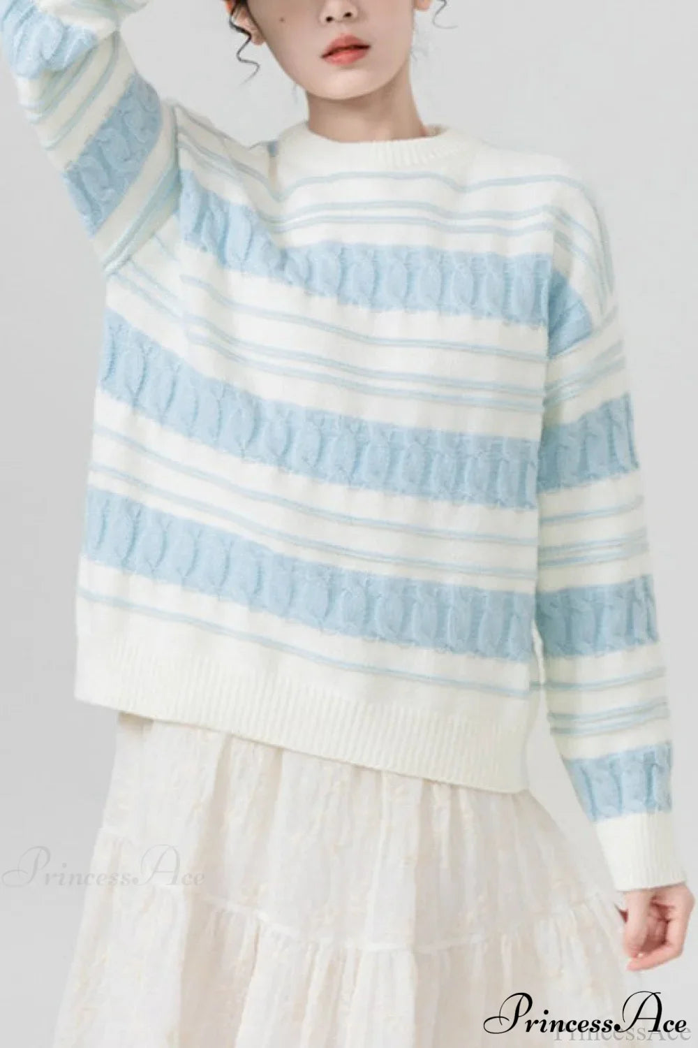 Creamy Stripe Cable-Knit Loose Sweater