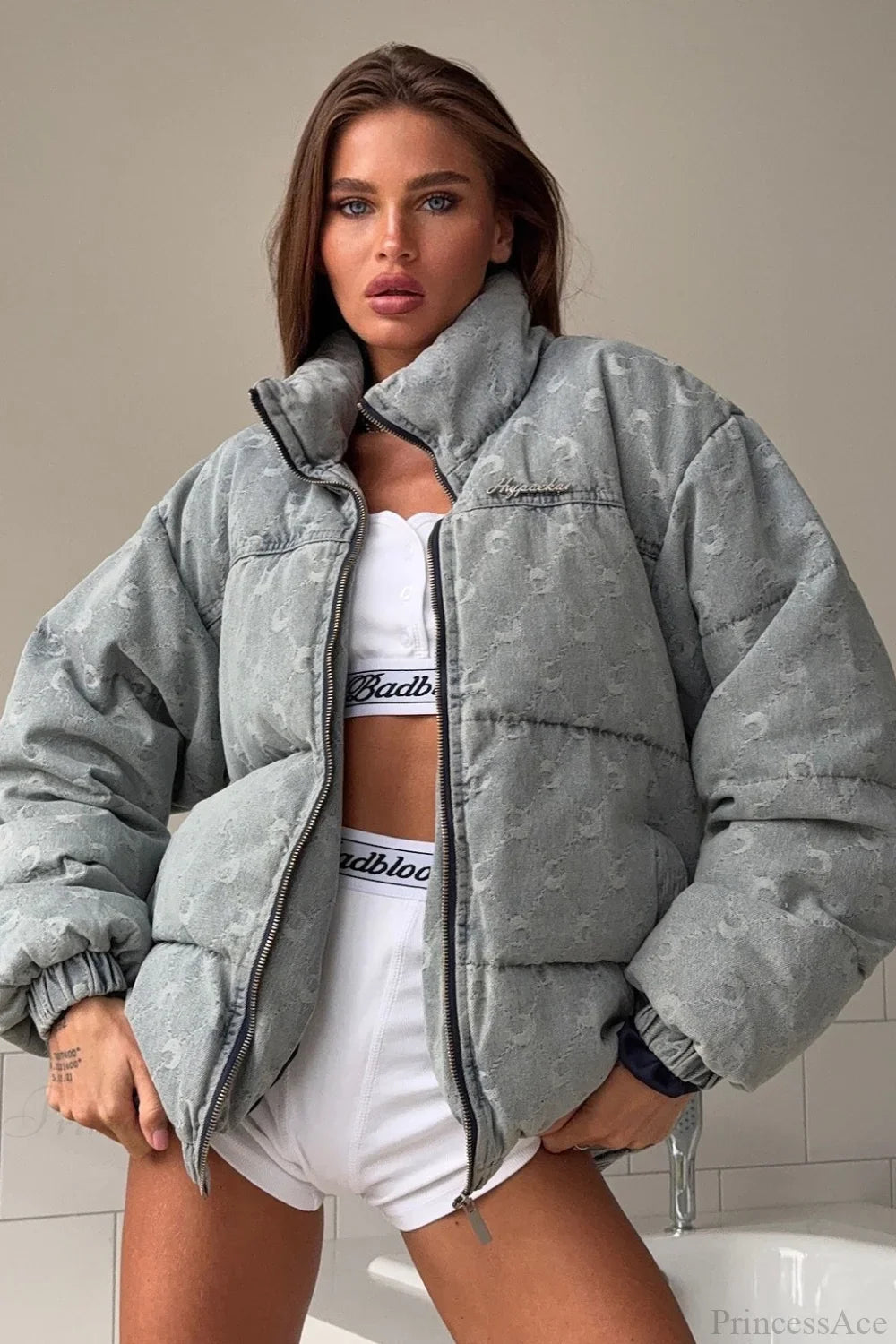 Crescent Print Allover Jacquard Relaxed Stand Collar Coat