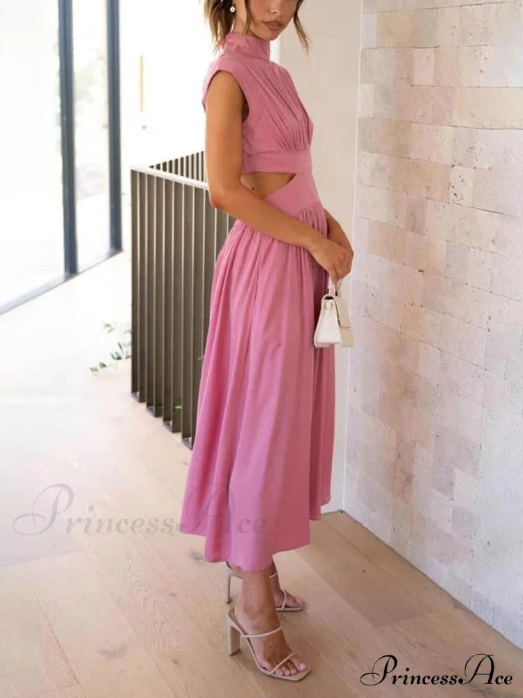 Ausschnitt-Taillen-Kleid mit Taschen, reizvolles Midi-Urlaubskleid