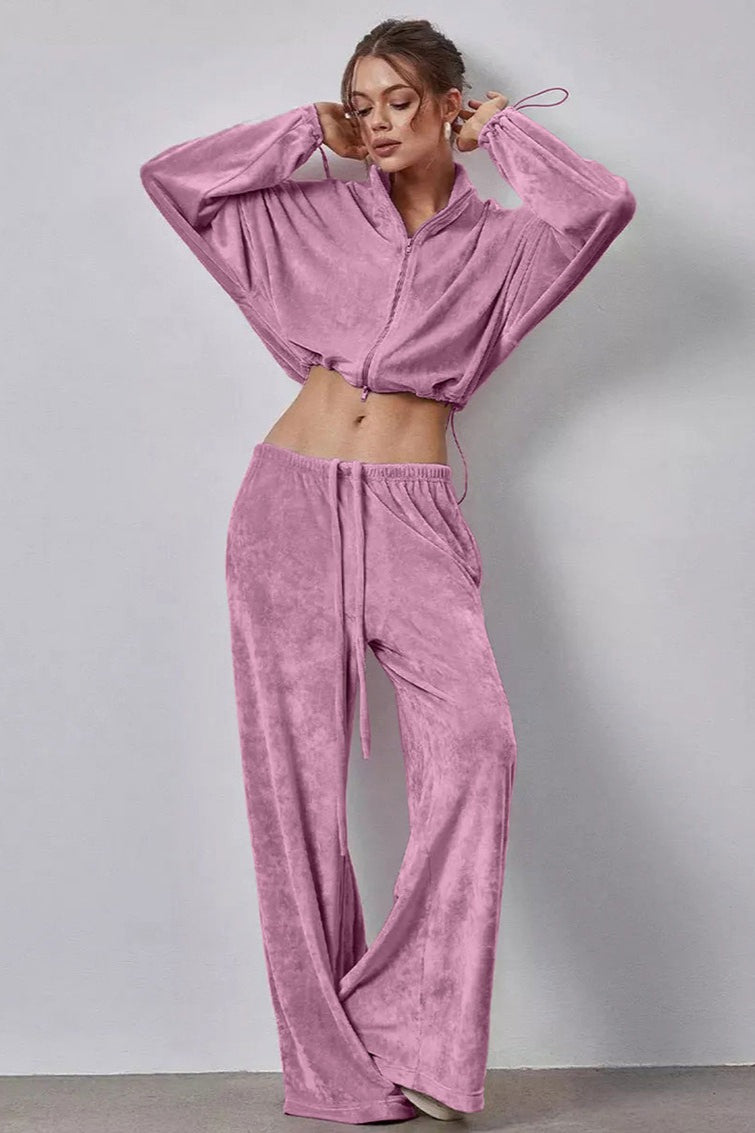 Vintage Drawstring Crop Top and Wide Leg Pants Two Piece Set