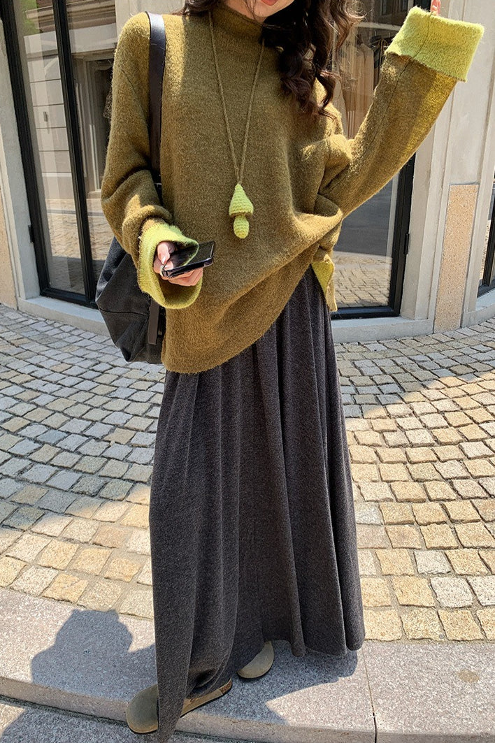 Color-Block Mock Neck Loose Lazy-Style Knit Sweater