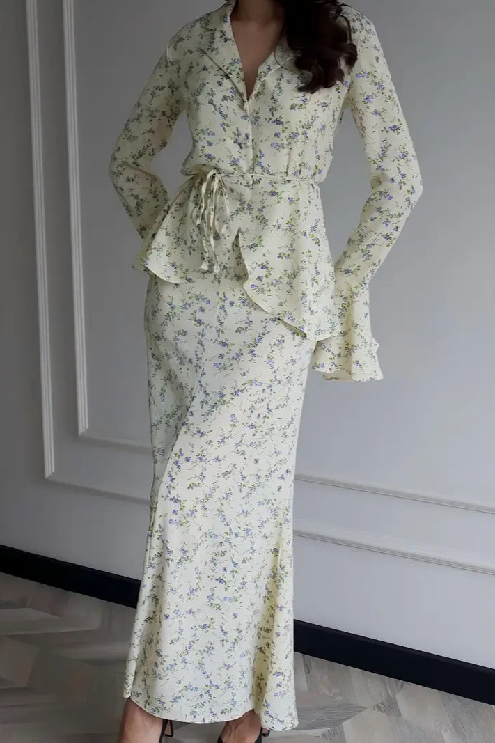 Long Sleeve Small Floral Waist Cinch Top Midi Skirt Two Piece Set