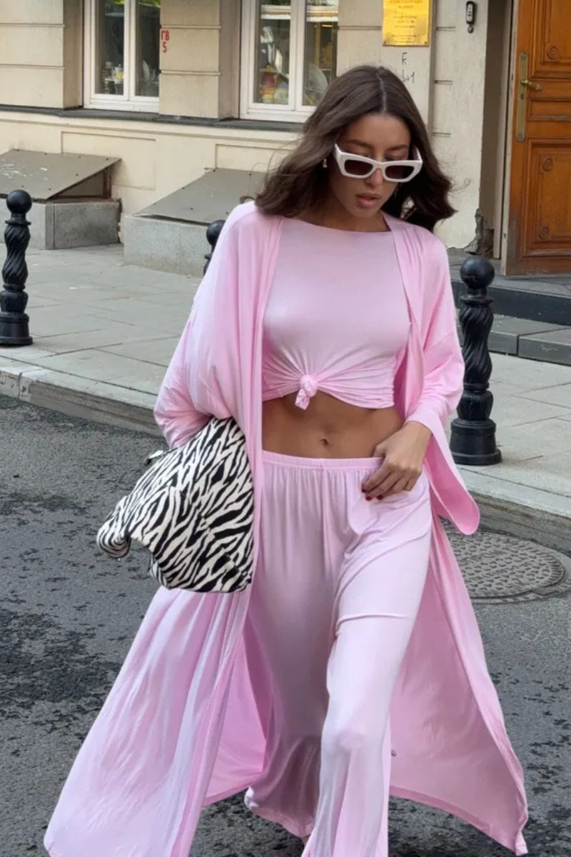 Solide Strickfließender Langarm-Morgenmantel Dreiteiliges Set